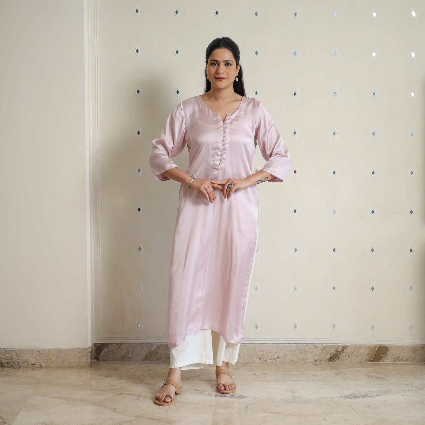 Nithya Baby Pink Modal Silk Plain Straight Kurta