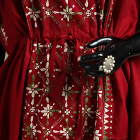 Red - Bengal Kantha Hand Embroidery Cotton Long Kaftan 14