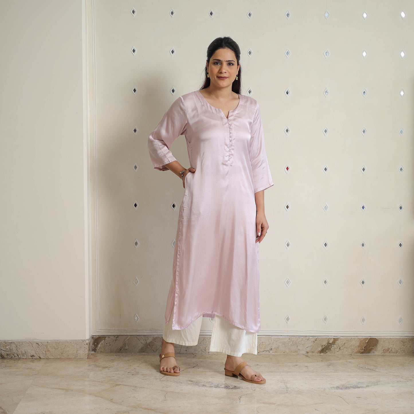 Nithya Baby Pink Modal Silk Plain Straight Kurta