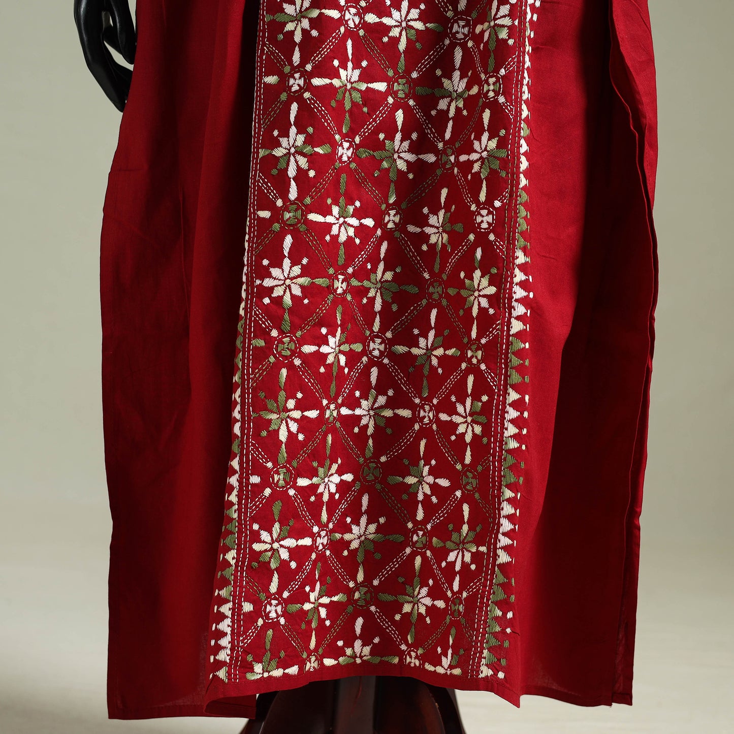 Red - Bengal Kantha Hand Embroidery Cotton Long Kaftan 14