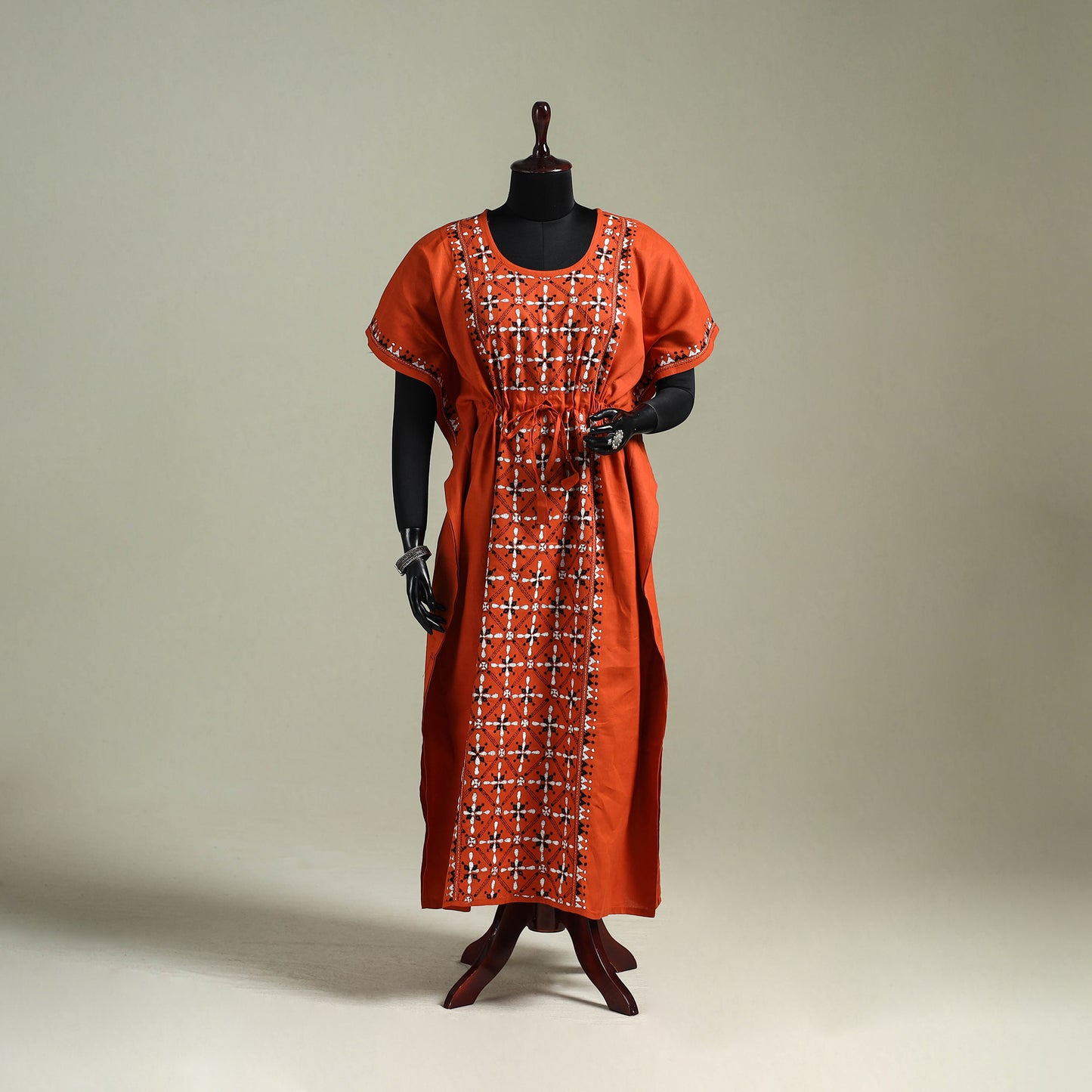 Orange - Bengal Kantha Hand Embroidery Cotton Long Kaftan 01