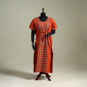 Orange - Bengal Kantha Hand Embroidery Cotton Long Kaftan 01