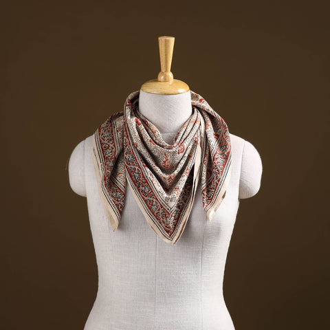 Beige - Pedana Hand Block Print Natural Dyed Cotton Kalamkari Scarf 36
