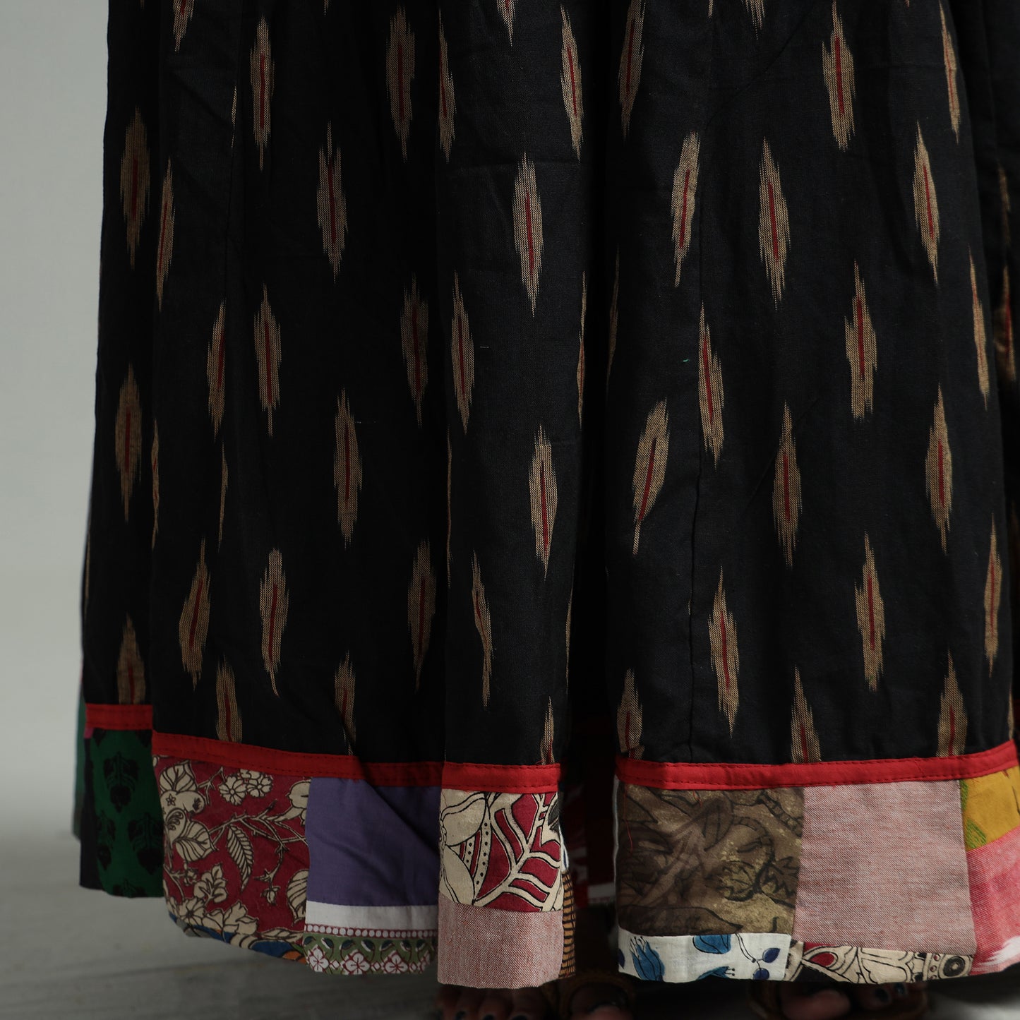 Black - Pochampally Ikat 24 Kali Cotton Skirt with Patchwork Border 16