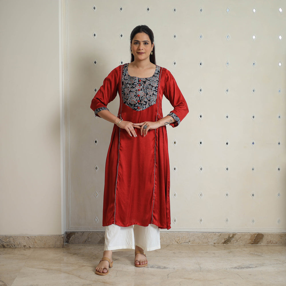 Red - Jasmin Maroon Modal Silk Plain A-line Kurta