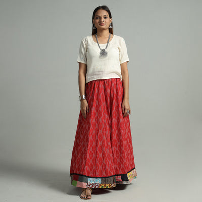 Red - Pochampally Ikat 24 Kali Cotton Skirt with Patchwork Border 17