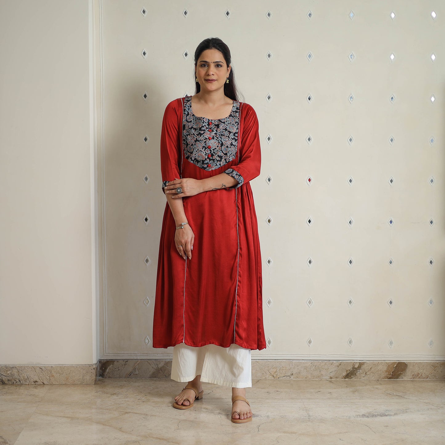 Red - Jasmin Maroon Modal Silk Plain A-line Kurta