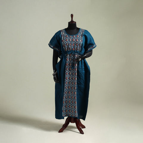 Blue - Bengal Kantha Hand Embroidery Cotton Long Kaftan 02