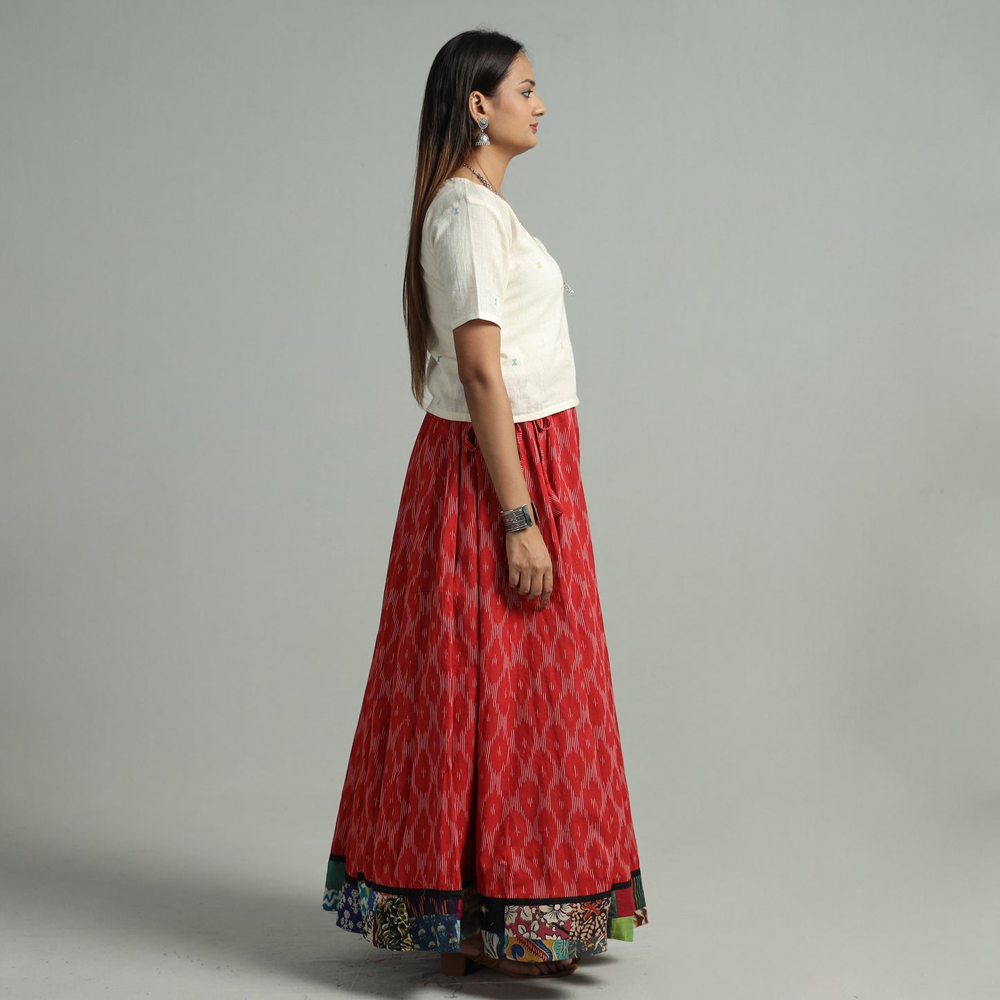 Red - Pochampally Ikat 24 Kali Cotton Skirt with Patchwork Border 17