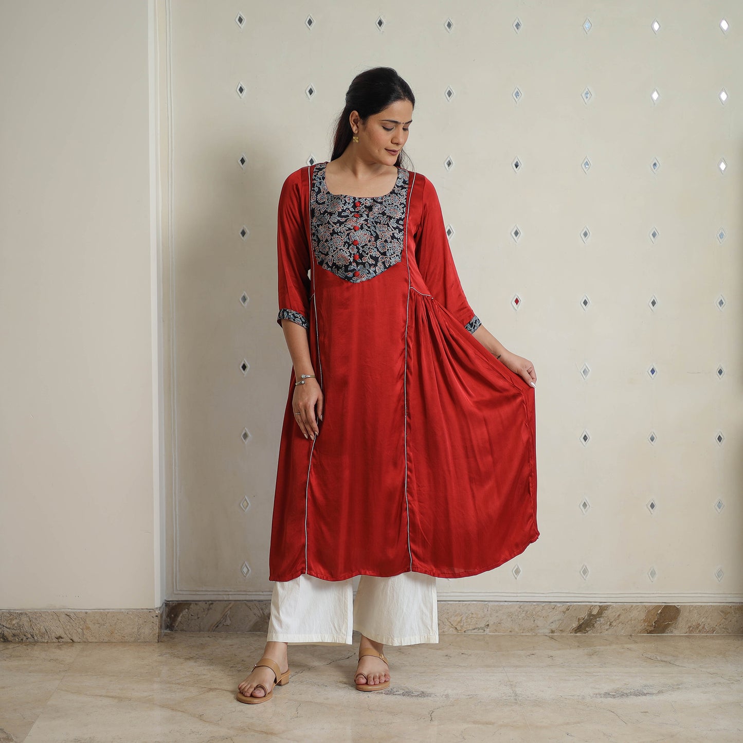 Red - Jasmin Maroon Modal Silk Plain A-line Kurta