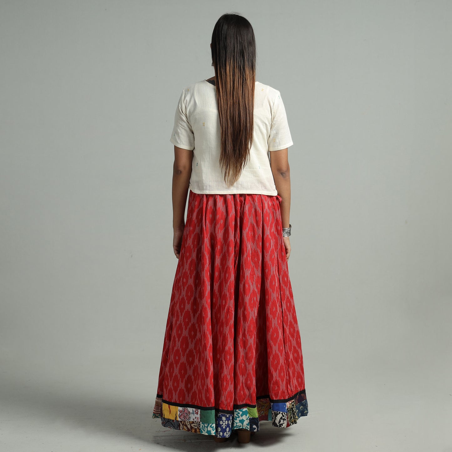 Red - Pochampally Ikat 24 Kali Cotton Skirt with Patchwork Border 17