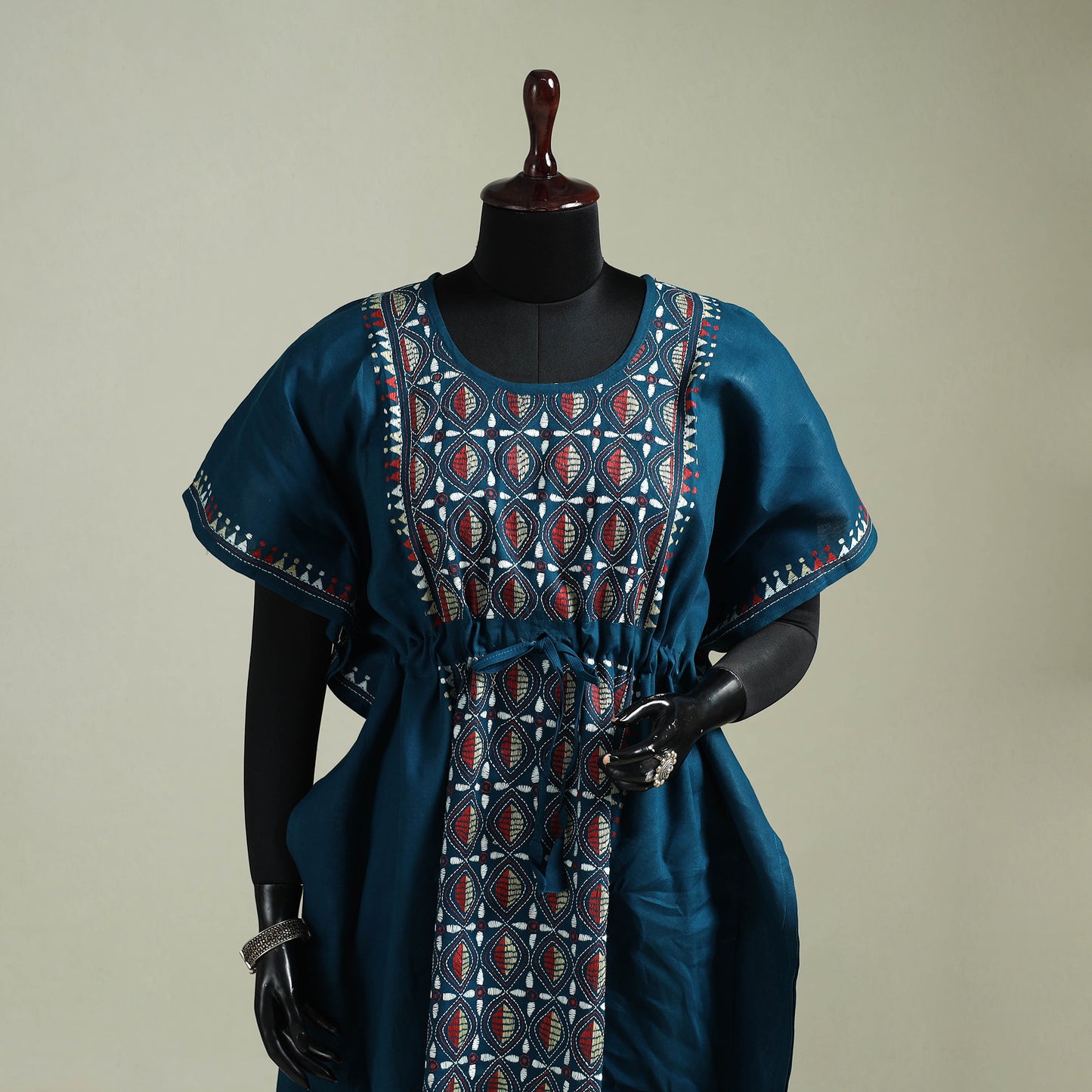 Blue - Bengal Kantha Hand Embroidery Cotton Long Kaftan 02