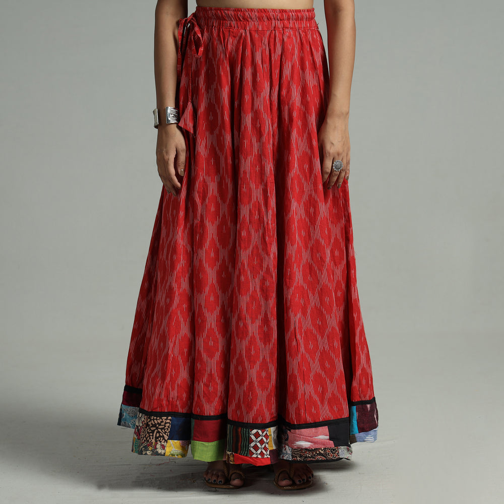 Red - Pochampally Ikat 24 Kali Cotton Skirt with Patchwork Border 17