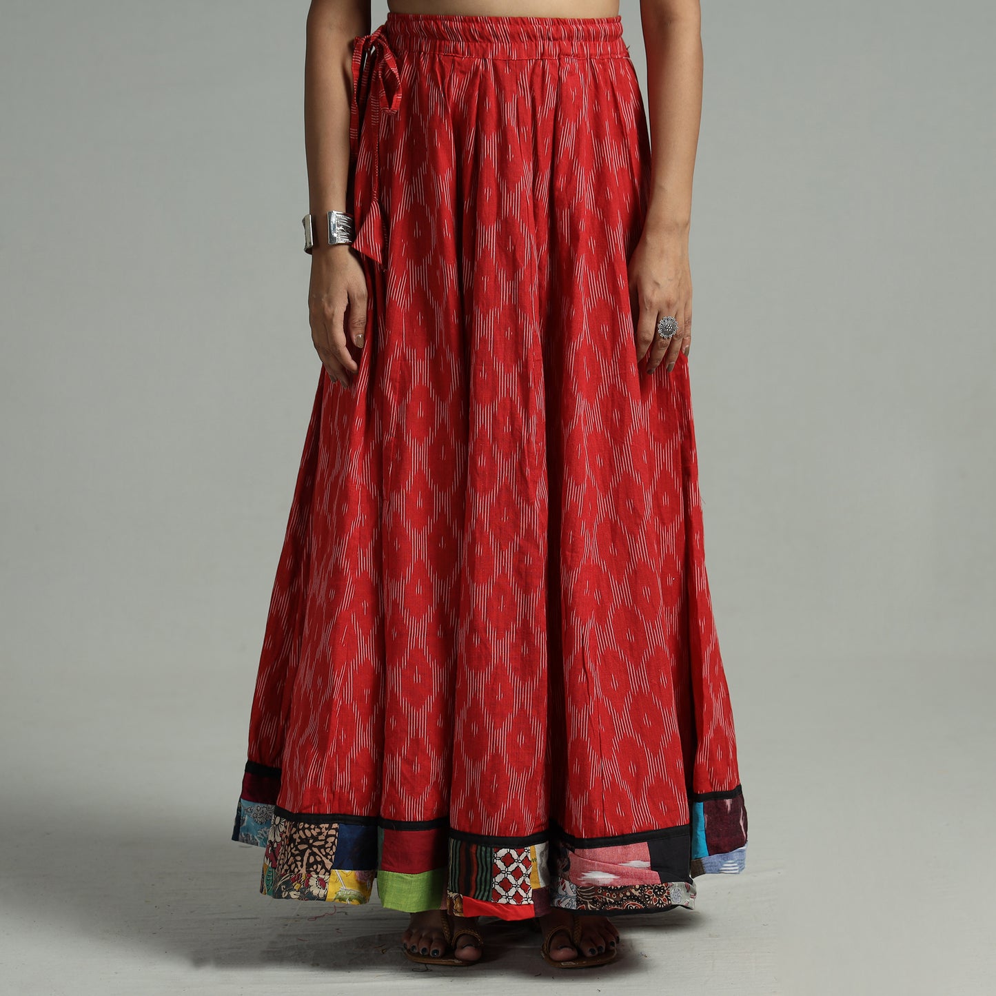 Red - Pochampally Ikat 24 Kali Cotton Skirt with Patchwork Border 17