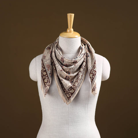 Beige - Pedana Hand Block Print Natural Dyed Cotton Kalamkari Scarf 38