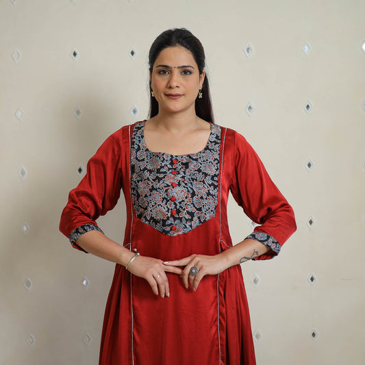 Red - Jasmin Maroon Modal Silk Plain A-line Kurta