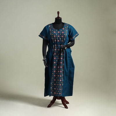 Blue - Bengal Kantha Hand Embroidery Cotton Long Kaftan 03