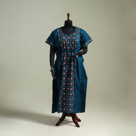 Blue - Bengal Kantha Hand Embroidery Cotton Long Kaftan 03