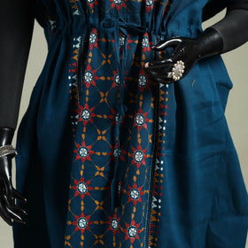 Blue - Bengal Kantha Hand Embroidery Cotton Long Kaftan 03