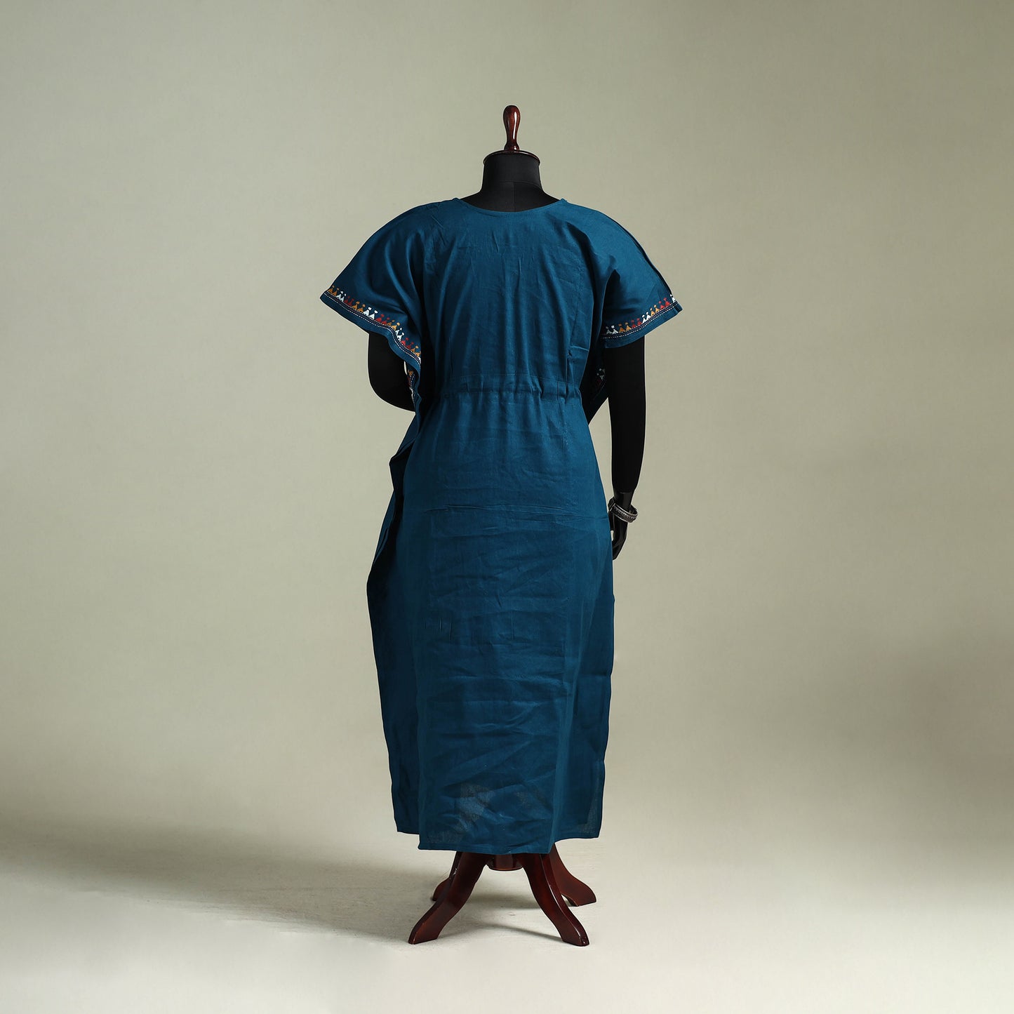 Blue - Bengal Kantha Hand Embroidery Cotton Long Kaftan 03