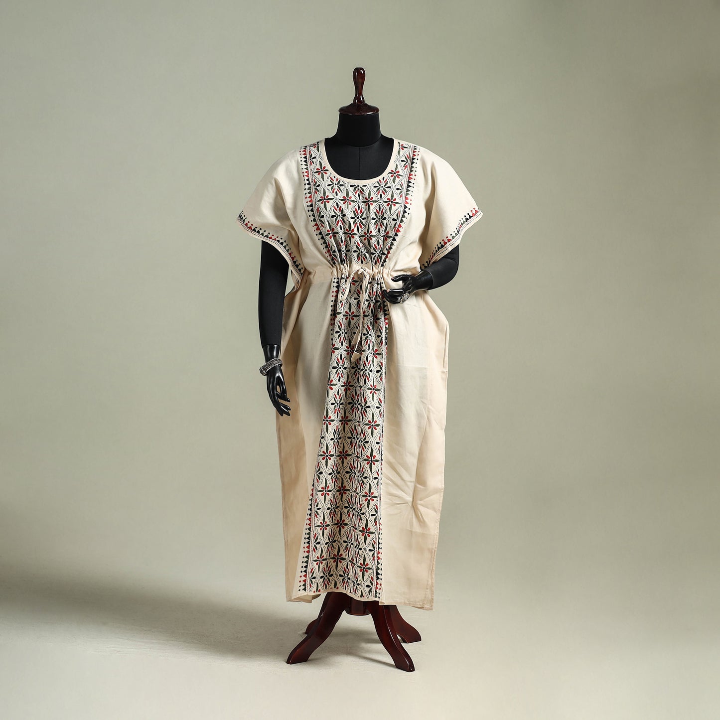 Beige - Bengal Kantha Hand Embroidery Cotton Long Kaftan 04