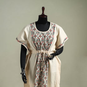 Beige - Bengal Kantha Hand Embroidery Cotton Long Kaftan 04