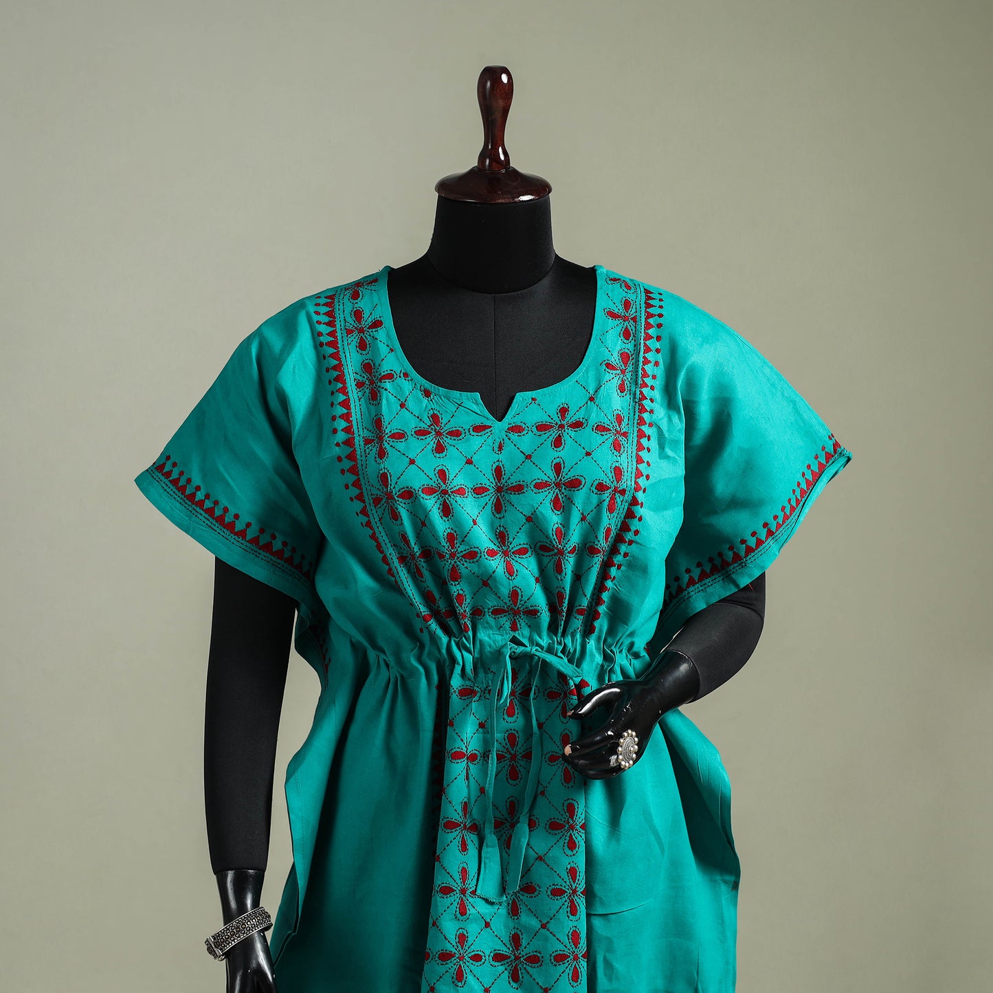 Green - Bengal Kantha Hand Embroidery Cotton Long Kaftan 05