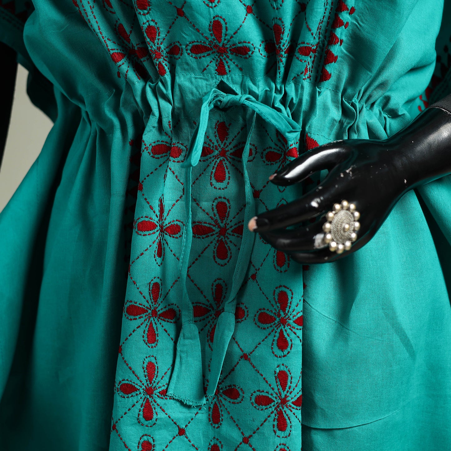 Green - Bengal Kantha Hand Embroidery Cotton Long Kaftan 05