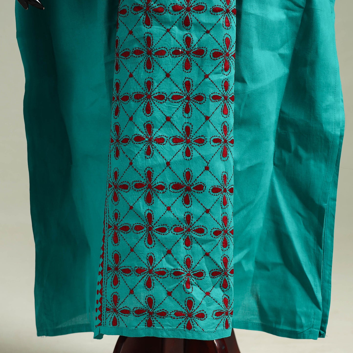 Green - Bengal Kantha Hand Embroidery Cotton Long Kaftan 05