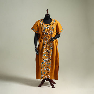 Yellow - Bengal Kantha Hand Embroidery Cotton Long Kaftan 06