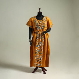Yellow - Bengal Kantha Hand Embroidery Cotton Long Kaftan 06