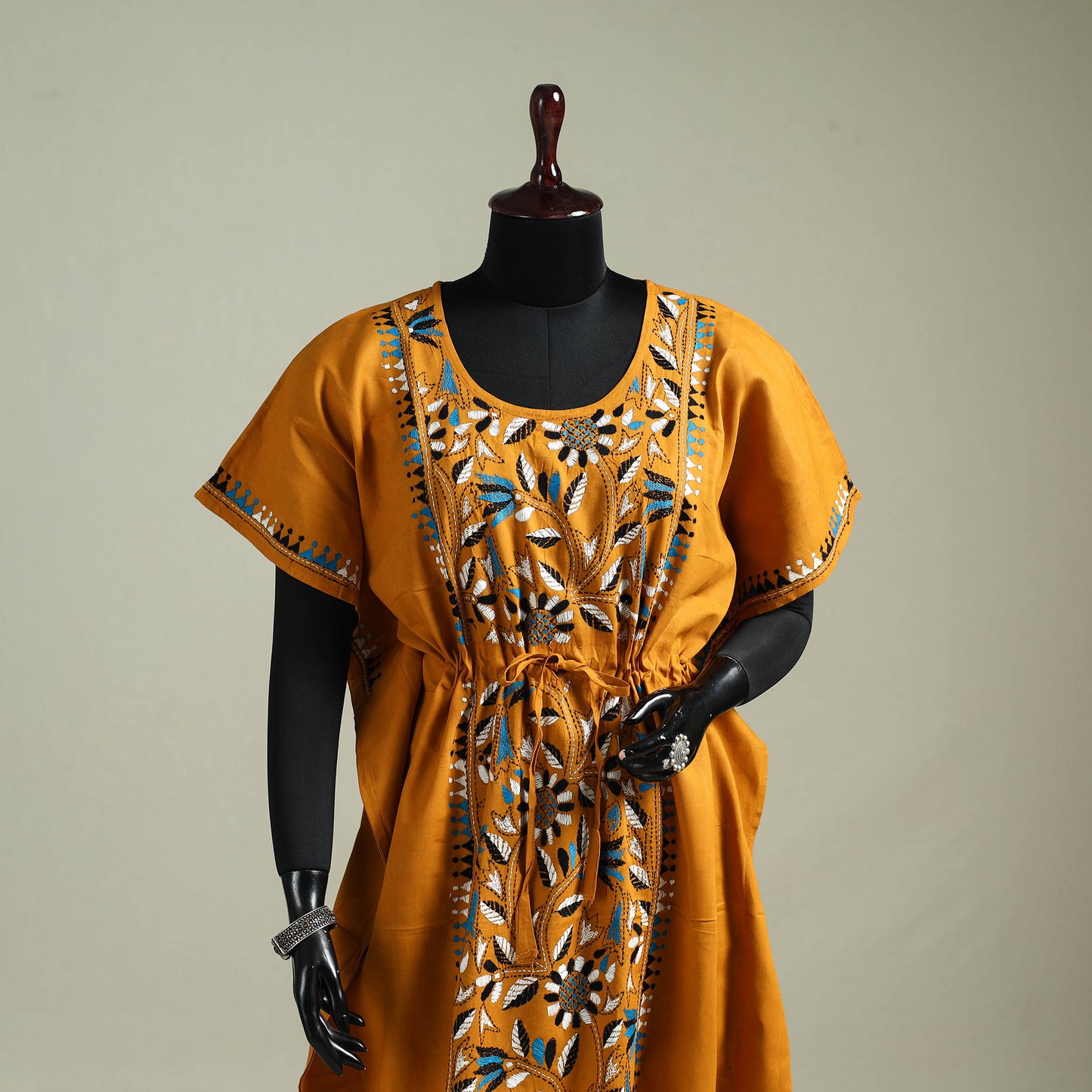 Yellow - Bengal Kantha Hand Embroidery Cotton Long Kaftan 06