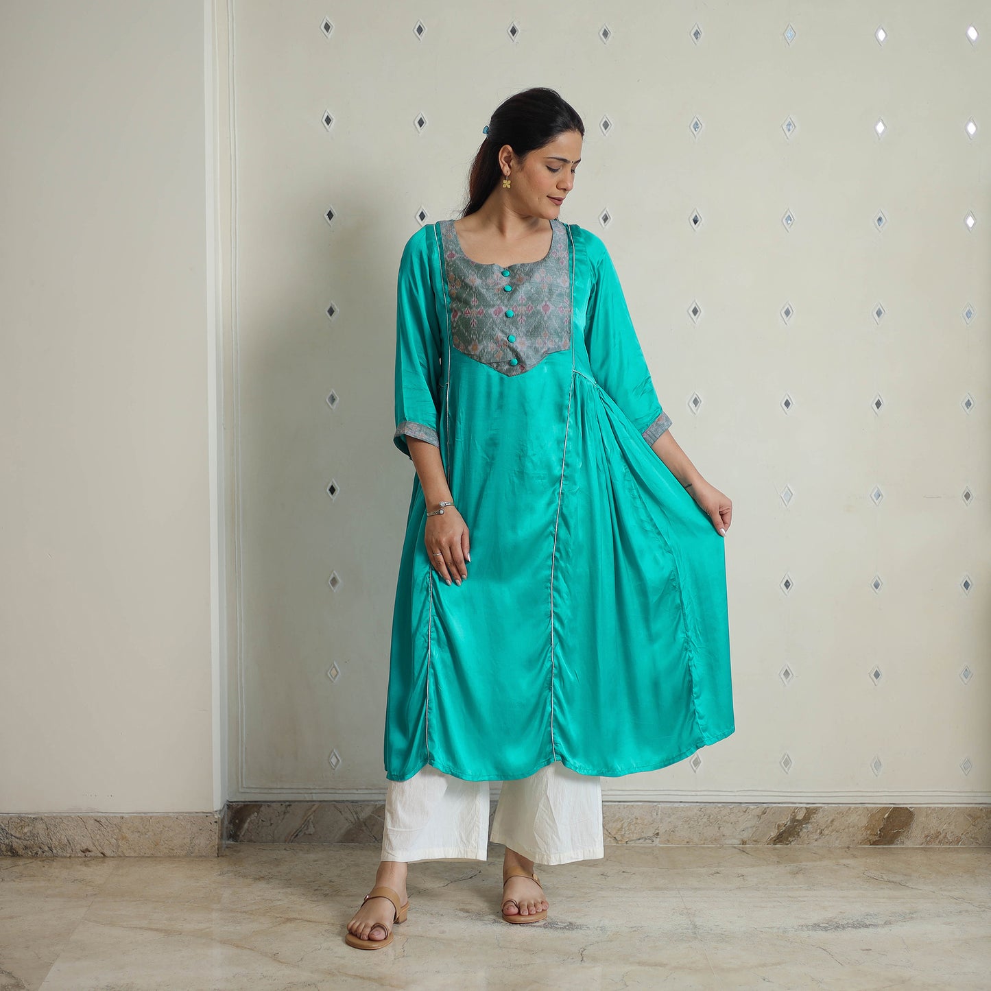 Daisy Green Modal Silk Plain A-line Kurta