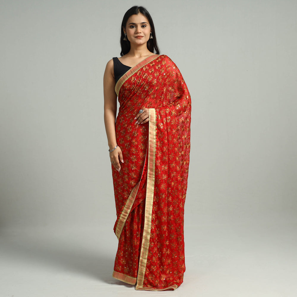 Red - Phulkari Heavy Embroidery Chiffon Saree 03