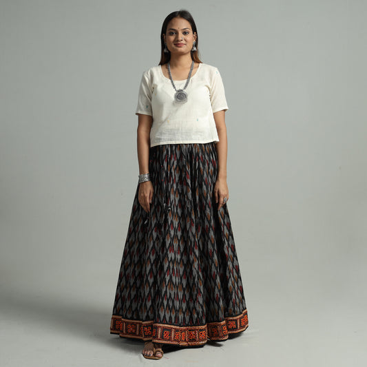 Black - Pochampally Ikat 24 Kali Cotton Skirt with Rajasthani Embroidery Border 20