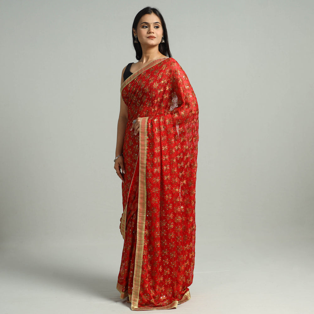 Red - Phulkari Heavy Embroidery Chiffon Saree 03