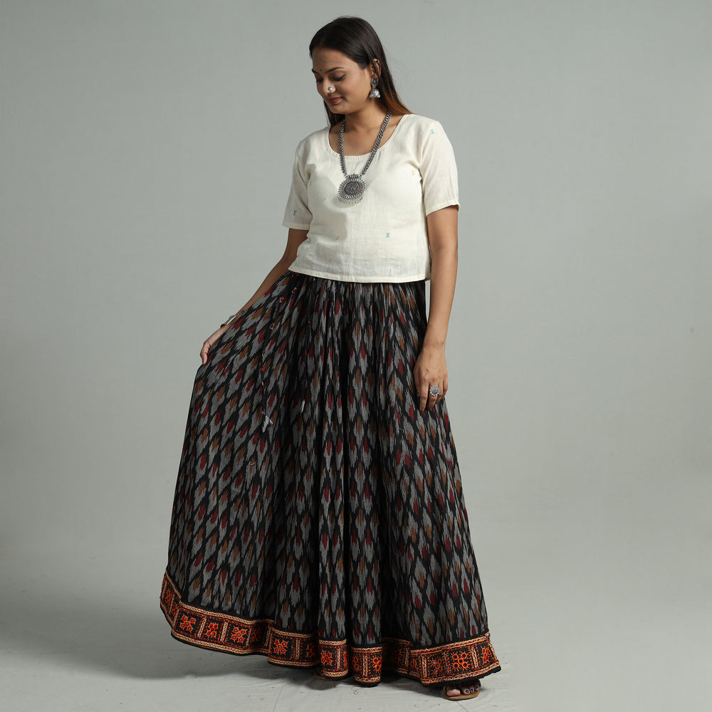 Black - Pochampally Ikat 24 Kali Cotton Skirt with Rajasthani Embroidery Border 20