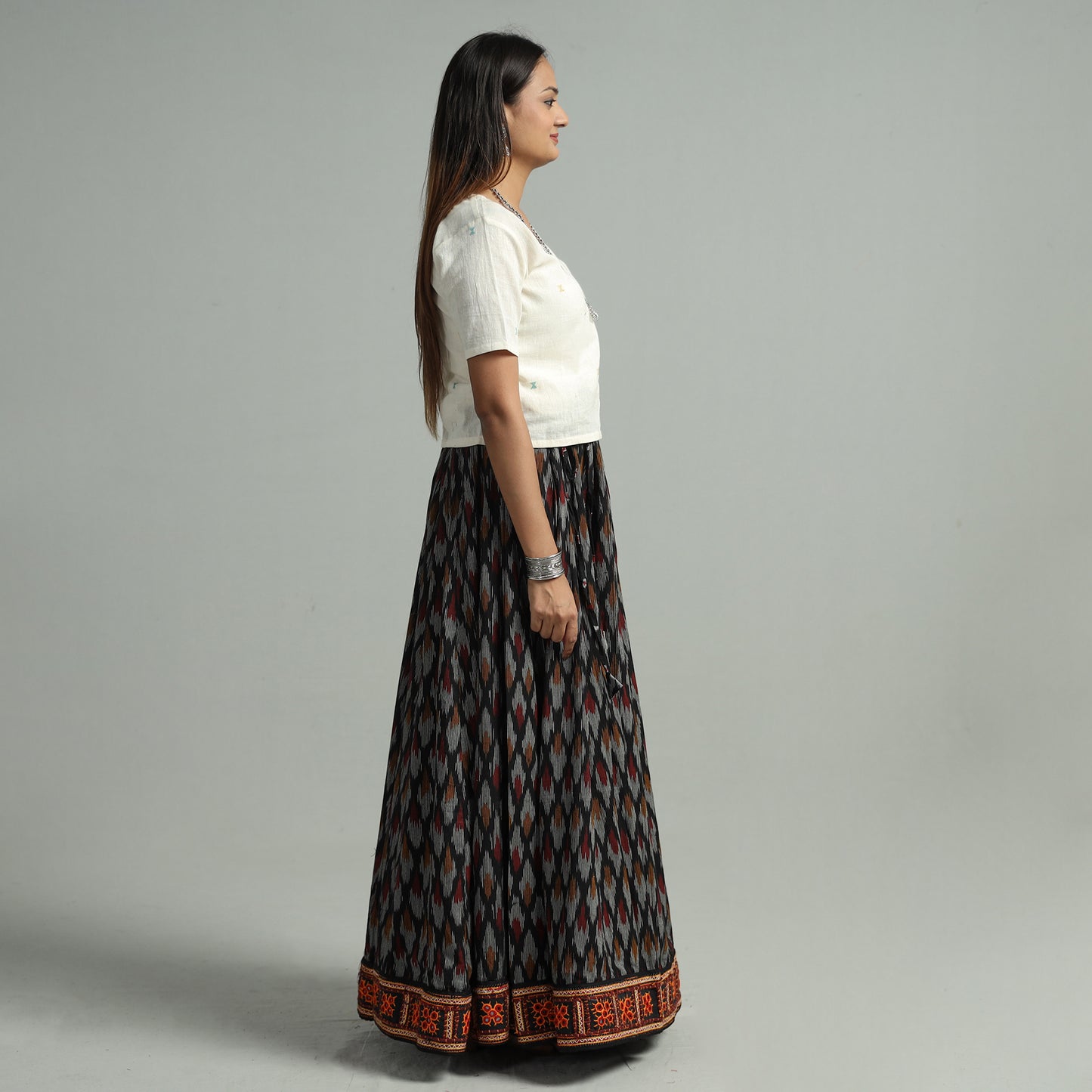 Black - Pochampally Ikat 24 Kali Cotton Skirt with Rajasthani Embroidery Border 20