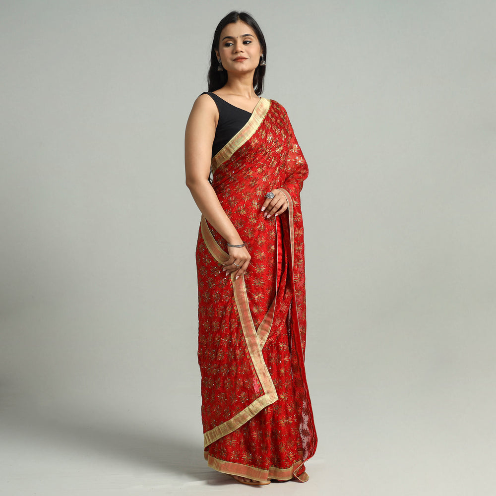 Red - Phulkari Heavy Embroidery Chiffon Saree 03