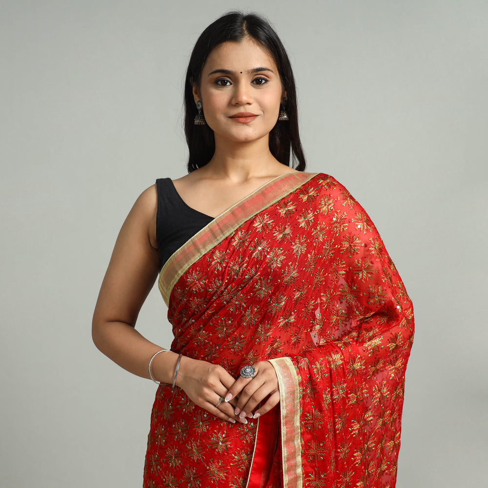 Red - Phulkari Heavy Embroidery Chiffon Saree 03