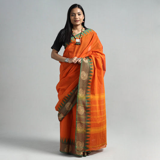 Orange - Traditional Chettinad Kandangi Cotton Checks Saree with Thread Border