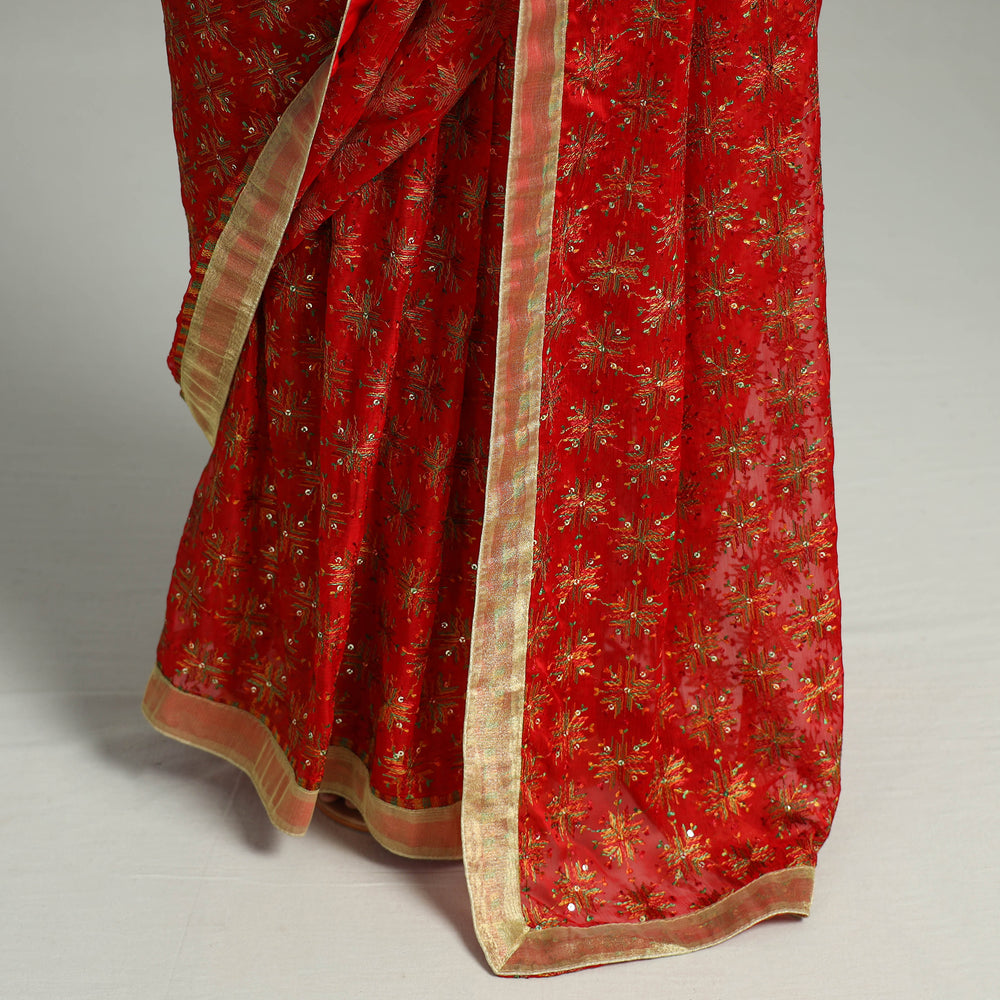 Red - Phulkari Heavy Embroidery Chiffon Saree 03