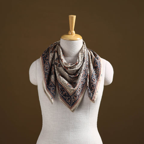 Beige - Pedana Hand Block Print Natural Dyed Cotton Kalamkari Scarf 49