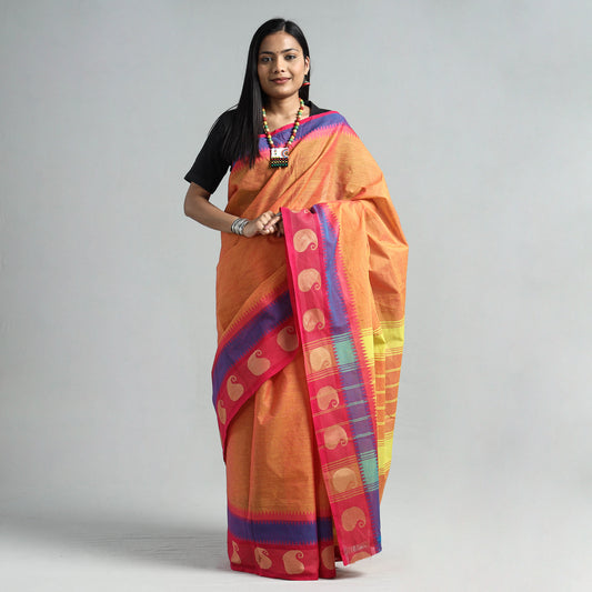 Orange - Traditional Chettinad Kandangi Cotton Checks Saree with Thread Border