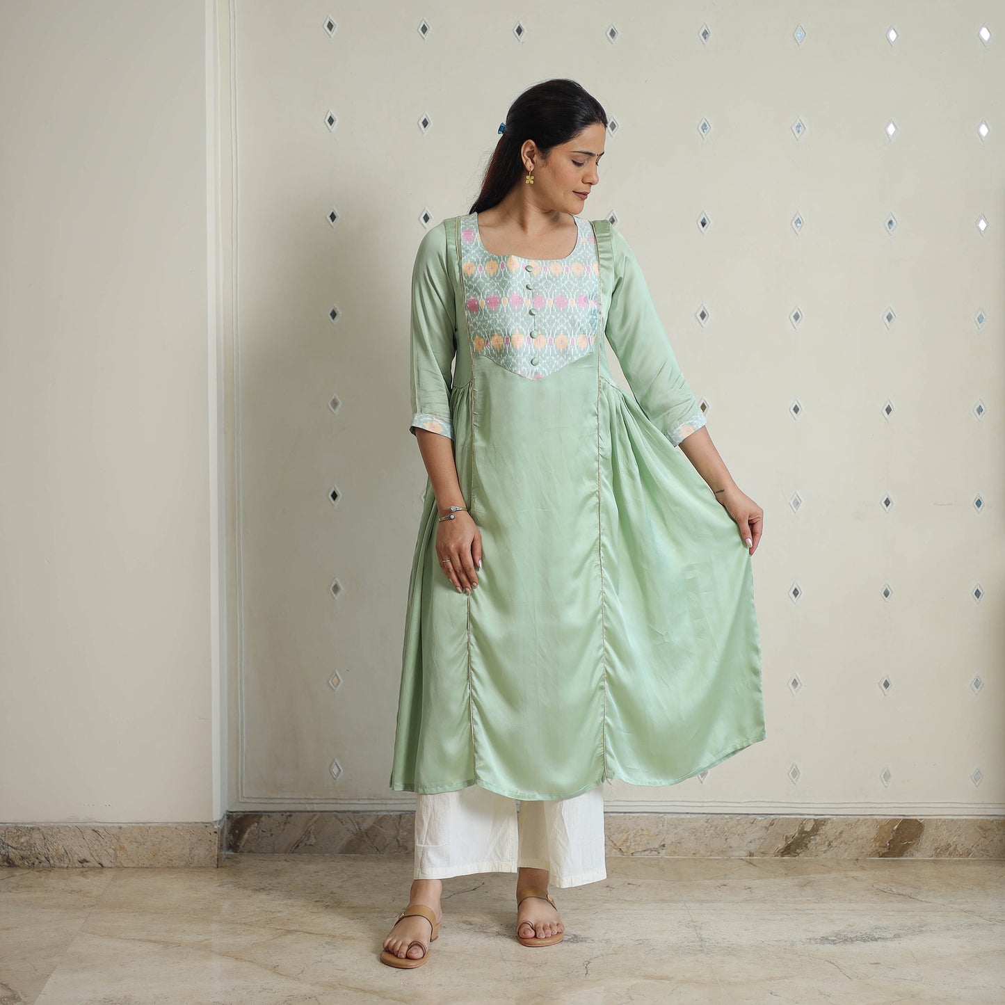 Aashvi Light Green Modal Silk Plain A-line Kurta