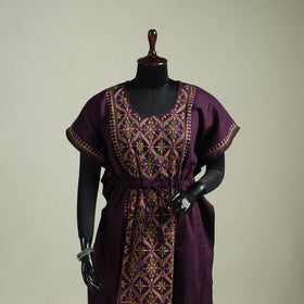 Purple - Bengal Kantha Hand Embroidery Cotton Long Kaftan 09