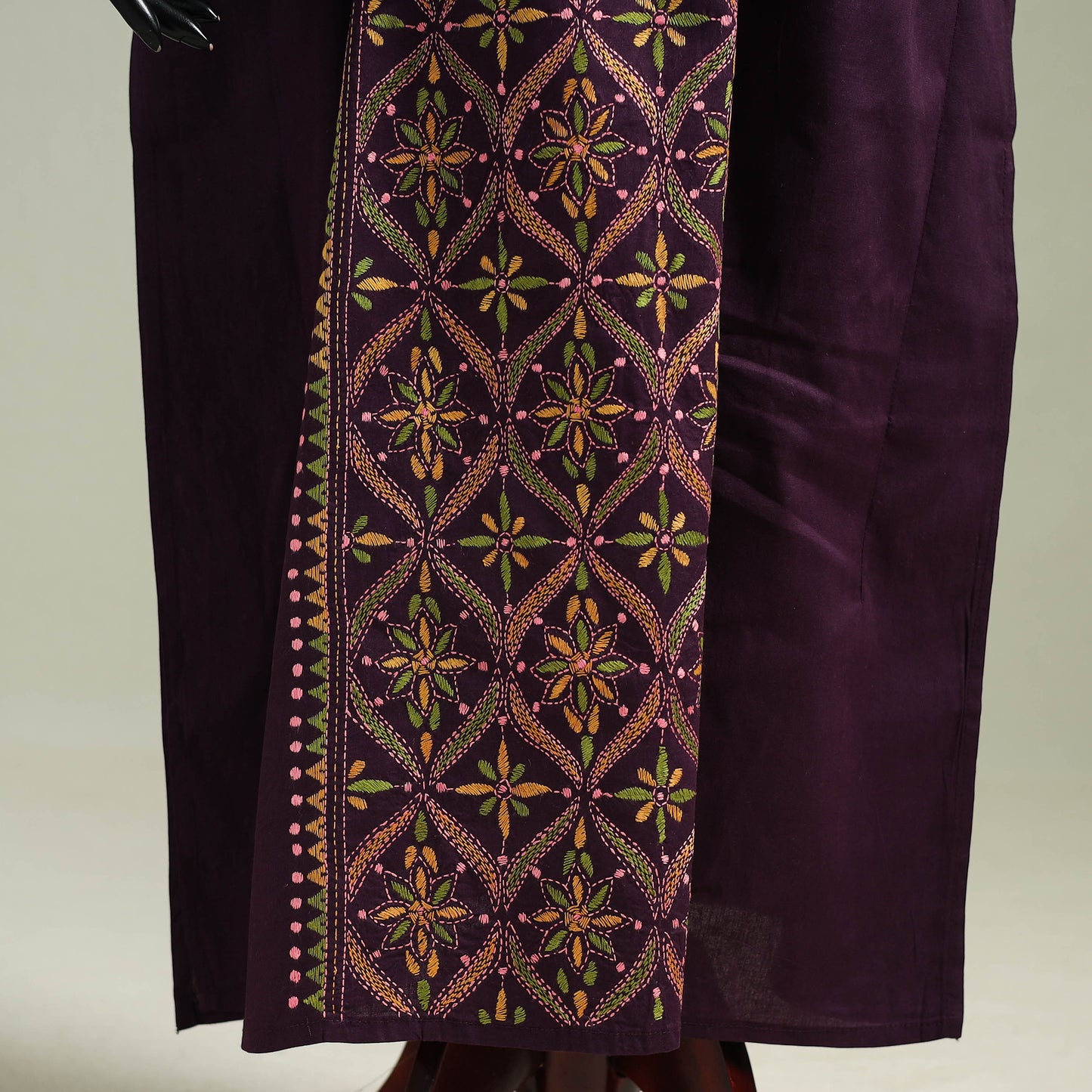 Purple - Bengal Kantha Hand Embroidery Cotton Long Kaftan 09