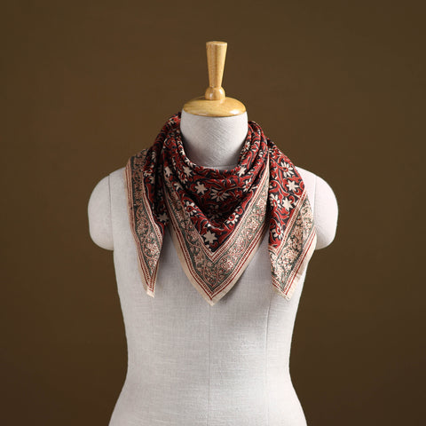 Red - Pedana Hand Block Print Natural Dyed Cotton Kalamkari Scarf 56