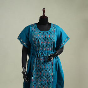 Blue - Bengal Kantha Hand Embroidery Cotton Long Kaftan 10