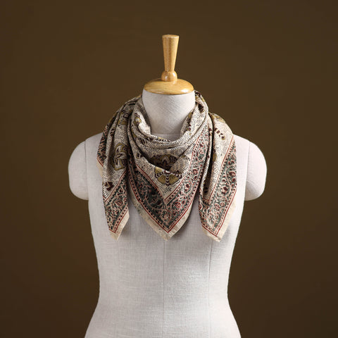 Beige - Pedana Hand Block Print Natural Dyed Cotton Kalamkari Scarf 57
